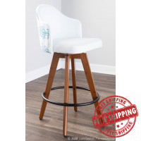 Lumisource B26-AHOY CORAL WLW Ahoy Mid-Century Counter Stool in Walnut and White Fabric with Blue Coral Design